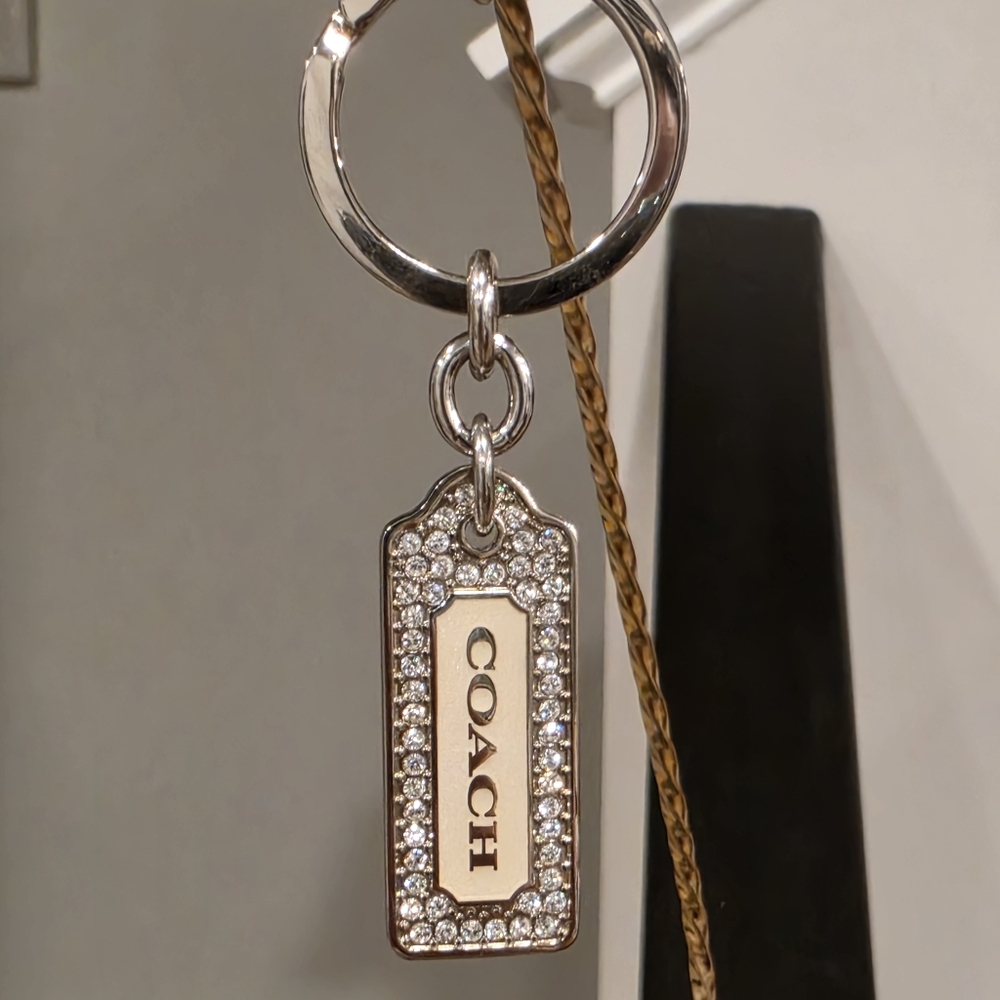 Coach Silver Rectangular Logo Key Ring with Rhinestone Border